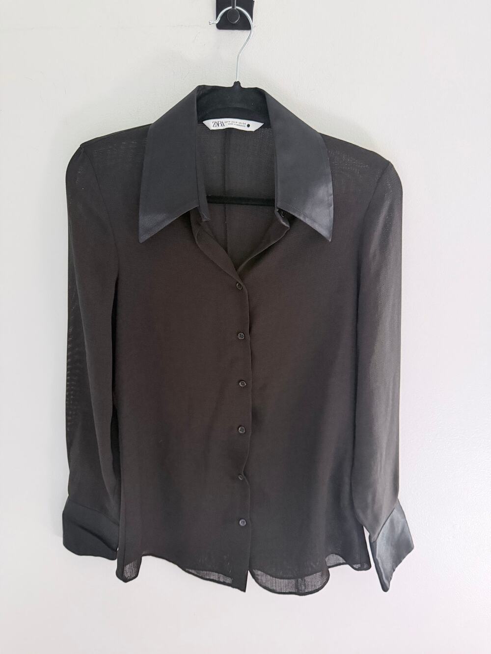 Zara Black Semi-Sheet Button-Down Contrasting Long-Sleeve Blouse-Size M